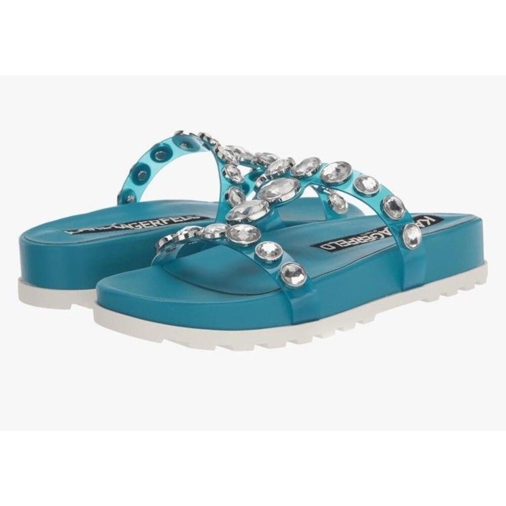 Karl Lagerfeld Belinda Diva Blue Rhinestone Slide Platform Sandals 8M New - Picture 7 of 12